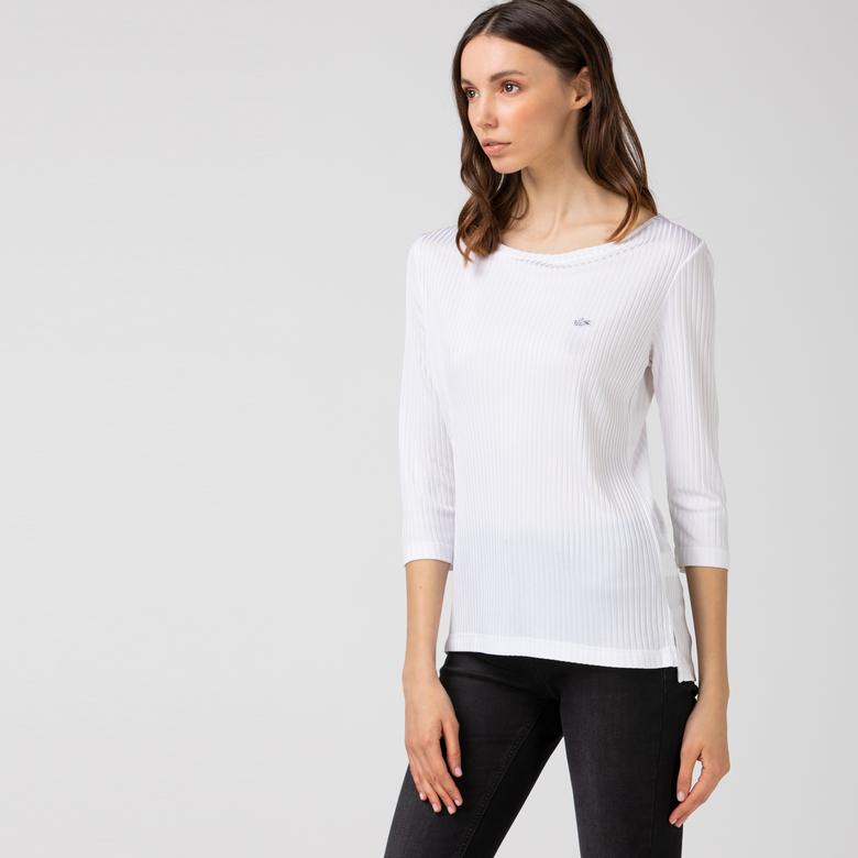 Lacoste Kadın Bisiklet Yaka Çizgili Uzun Kollu Beyaz T-Shirt