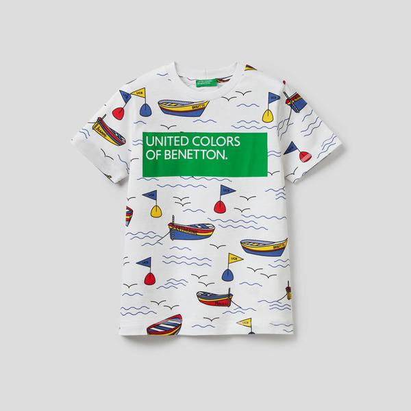 Benetton Kayık Desenli Erkek Çocuk Beyaz T-Shirt