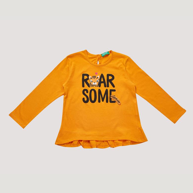 Benetton Slogan Yazı Baskılı Kız Çocuk Turuncu T-Shirt