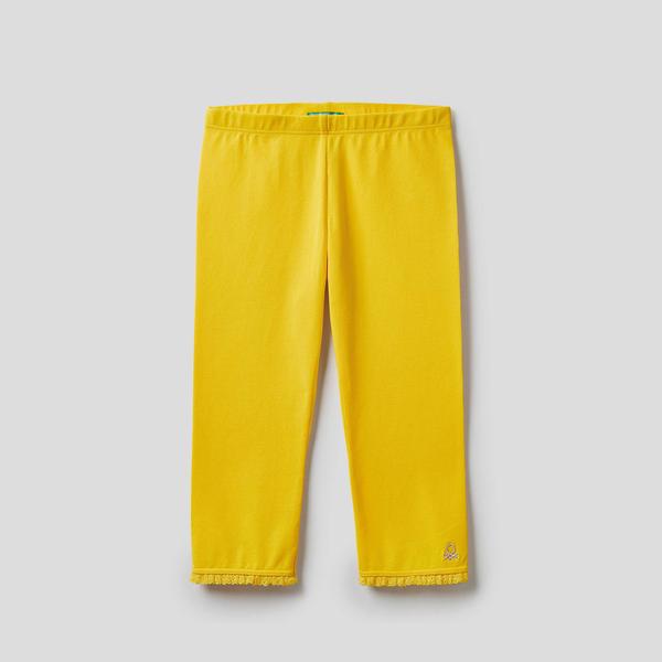 Benetton Paçası Dantelli Kapri Kız Çocuk Sarı Pantolon