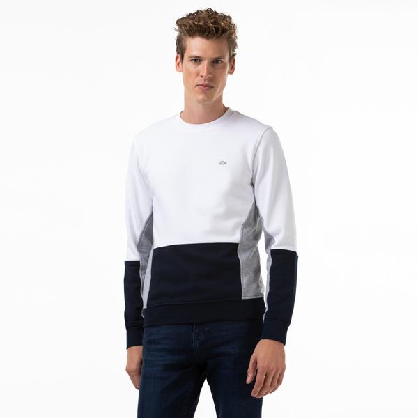 Lacoste Erkek Blok Desenli Bisiklet Yaka Beyaz Sweatshirt
