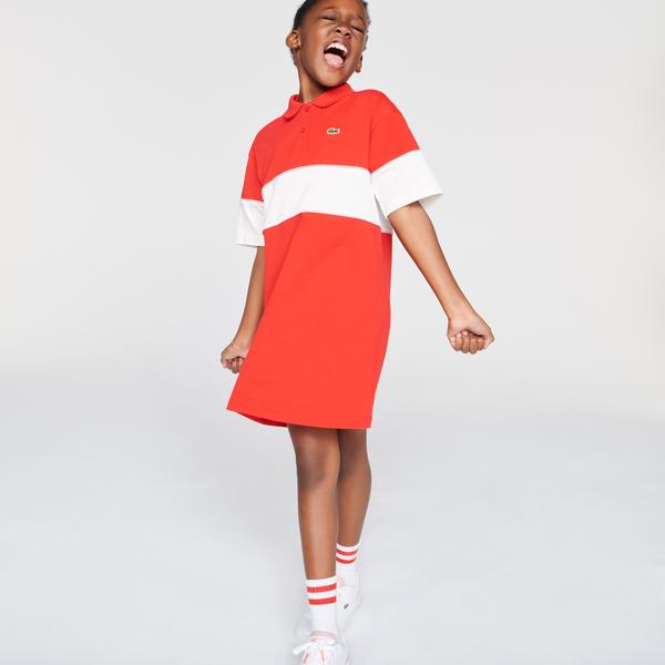 Lacoste Çocuk Kısa Kollu Polo Yaka Renk Bloklu Kırmızı - Beyaz Elbise