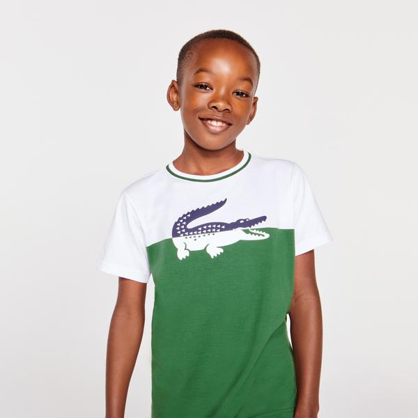 Lacoste Çocuk Bisiklet Yaka Baskılı Renk Bloklu Yeşil - Beyaz T-Shirt