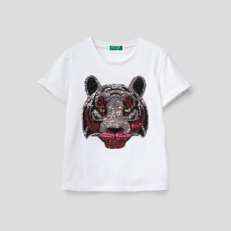 Benetton Kaplan Payetli Crop Kız Çocuk Beyaz T-Shirt