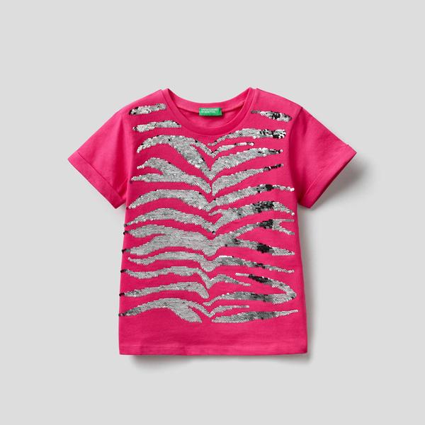 Benetton Kaplan Payetli Crop Kız Çocuk Pembe T-Shirt