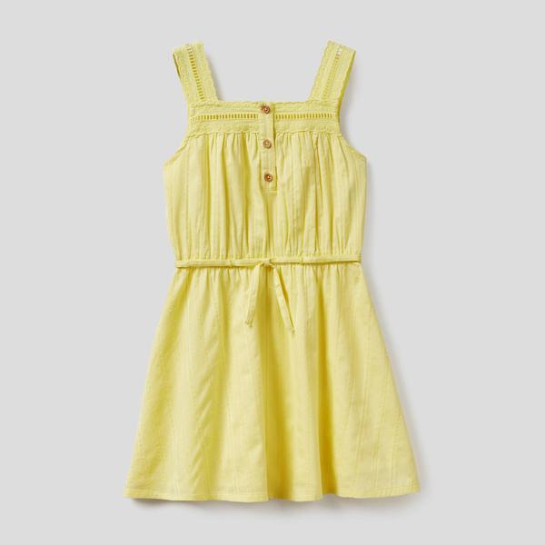 Benetton İnce Çizgili Kemerli Kız Çocuk Sarı Elbise