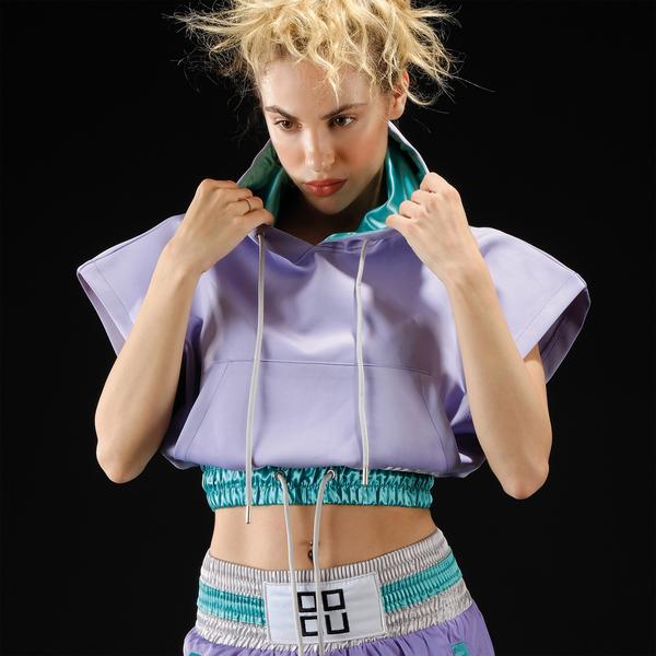 WOOFOUR WOO-RING2 Kadın Lila Kapüşonlu Kısa Sweatshirt