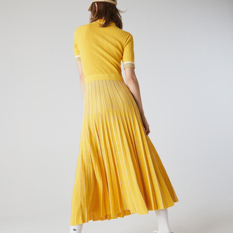 Lacoste Kadın Kısa Kollu Çizgili Polo Yaka Sarı Elbise