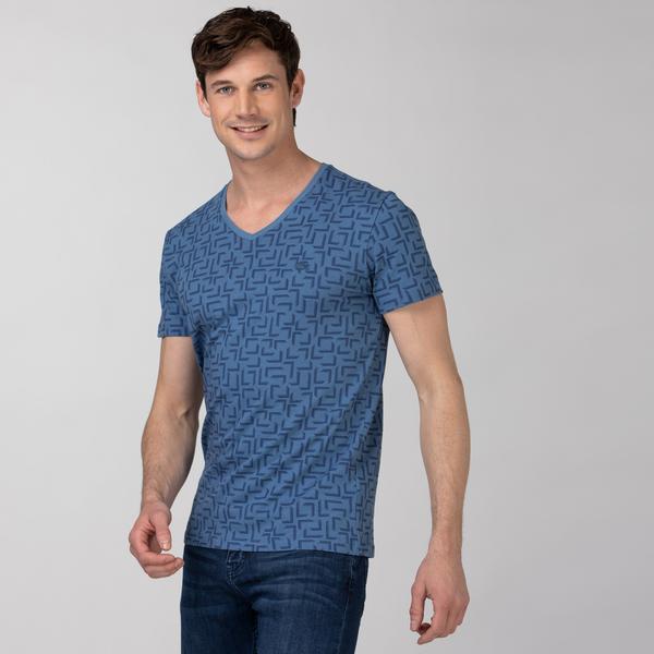 Lacoste Erkek Slim Fit V Yaka Baskılı Mavi T-Shirt