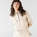 Lacoste Kadın Regular Fit Keten Gömlek Yaka Kısa Kollu Bej Elbise