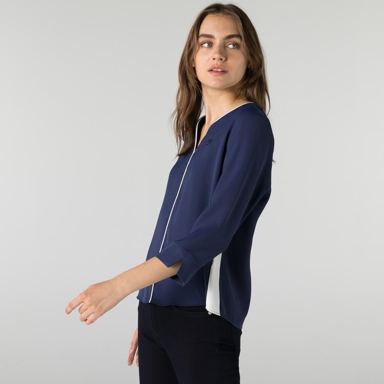 Lacoste Kadın Regular Fit Truvakar Kollu V Yaka Lacivert Bluz