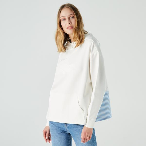 Lacoste Kadın Relaxed Fit Kapüşonlu Baskılı Beyaz Sweatshirt