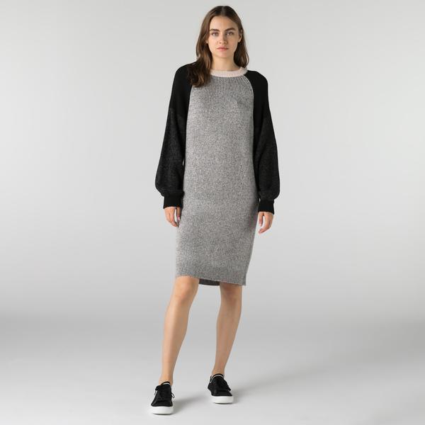 Lacoste Kadın Slim Fit Uzun Kollu Kayık Yaka Renk Bloklu Gri Elbise