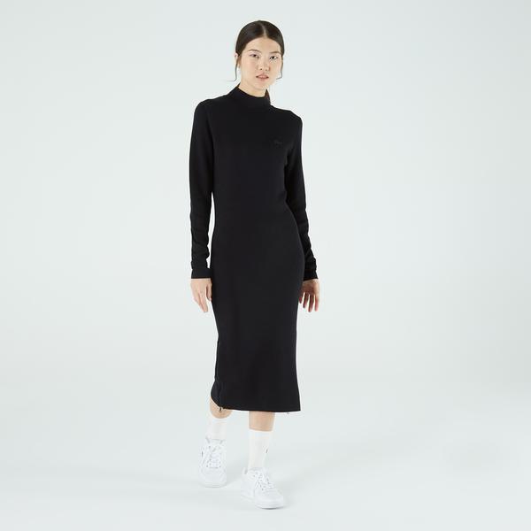Lacoste Kadın Regular Fit Uzun Kollu Yarım Dik Yaka Siyah Elbise