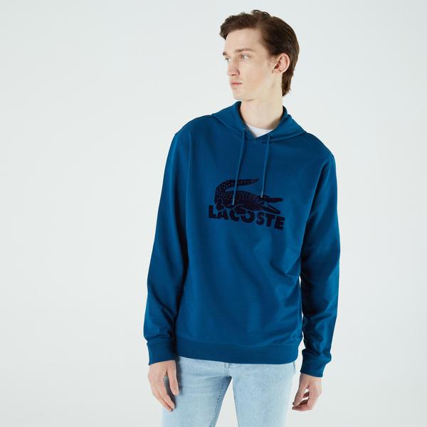 Lacoste Erkek Kapüşonlu Baskılı Mavi Sweatshirt